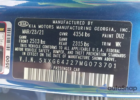 2021 Kia K5 Gt-Line z USA, uszkodzony, nr VIN 5XXG64J27MG073701